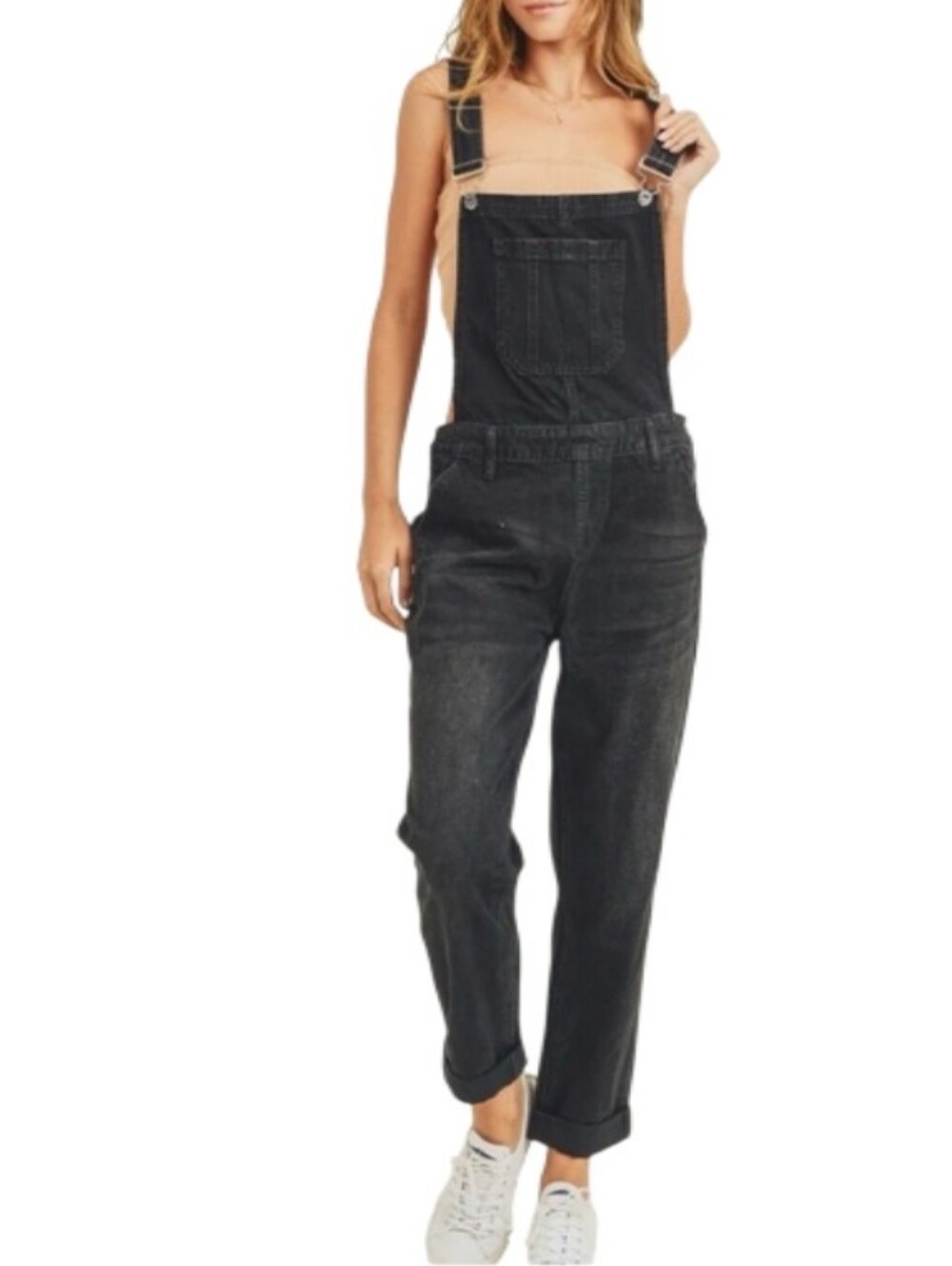 Risen Relaxed Fit Black Denim Distressed Overalls -NWT